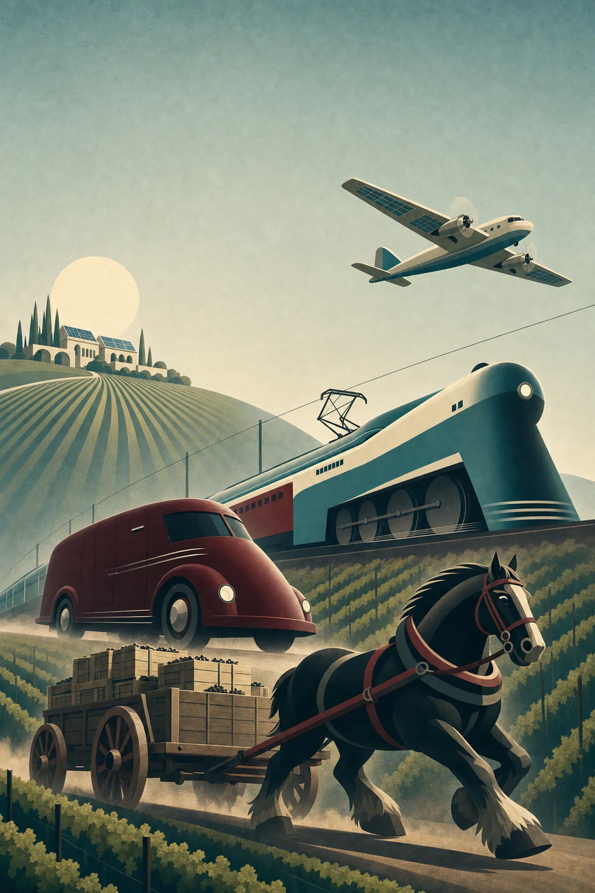 Art-Déco-Plakat: ein Arbeitspferd mit Weinkisten auf dem Karren, ein burgunderroter Lieferwagen, eine Stromlinien-Elektrolok und ein Frachtflugzeug ziehen gemeinsam durch Rebzeilen auf ein Weingut mit Solardach zu